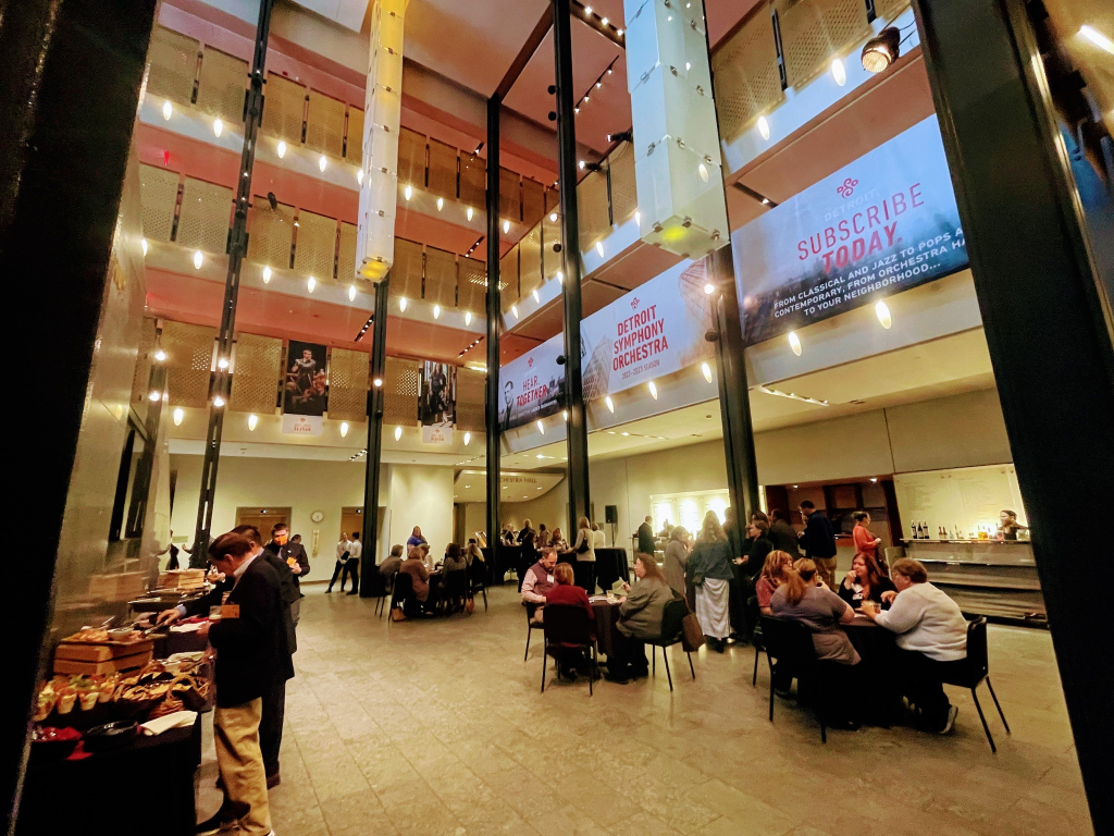 Corporate catering event in large office building lobby in Detroit.