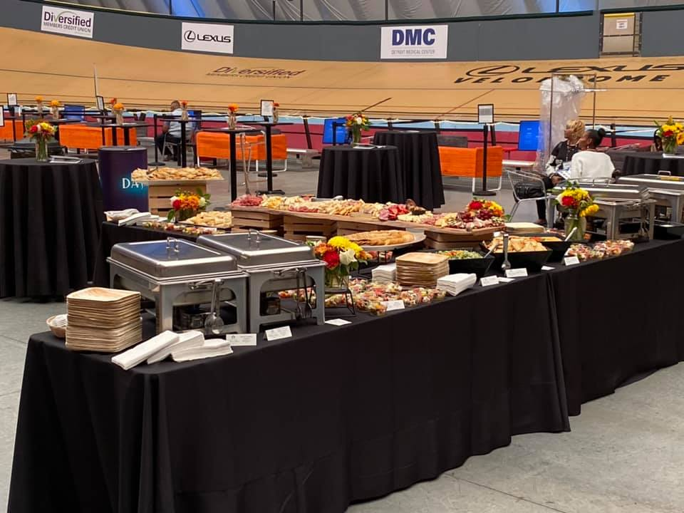 Large catering spread at the Lexus Velodrome from Blue Star Catering Detroit.